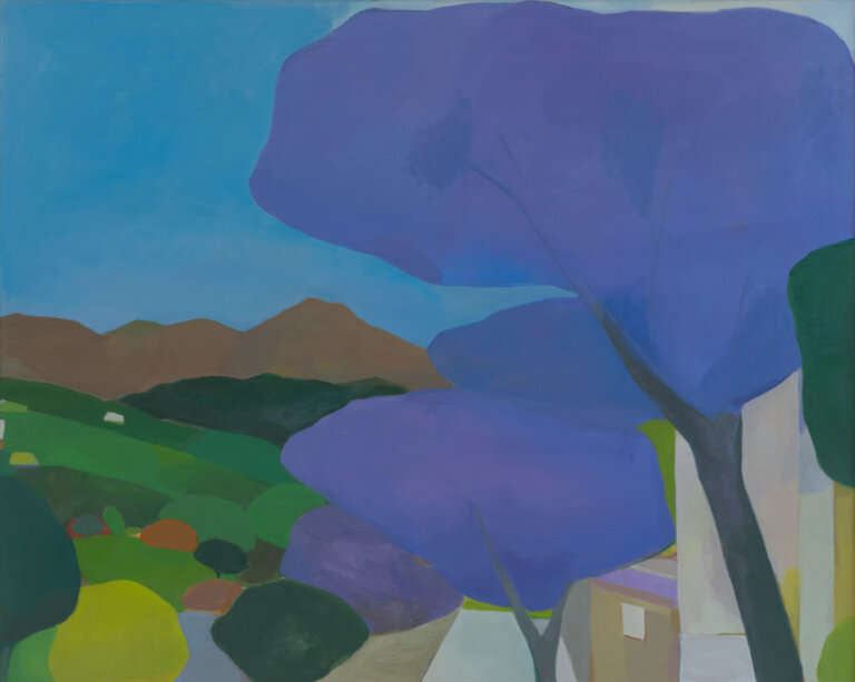 an abstract landscape scene showing a countryside town with few buildings but much greenery and shrubs. there is a small brown mountain range in the distance under a bright blue sky. in the foreground is a tree with a grey trunk and bright violet foliage. every piece of this landscape is abstracted to shapes, so it has a figurative, loose feel