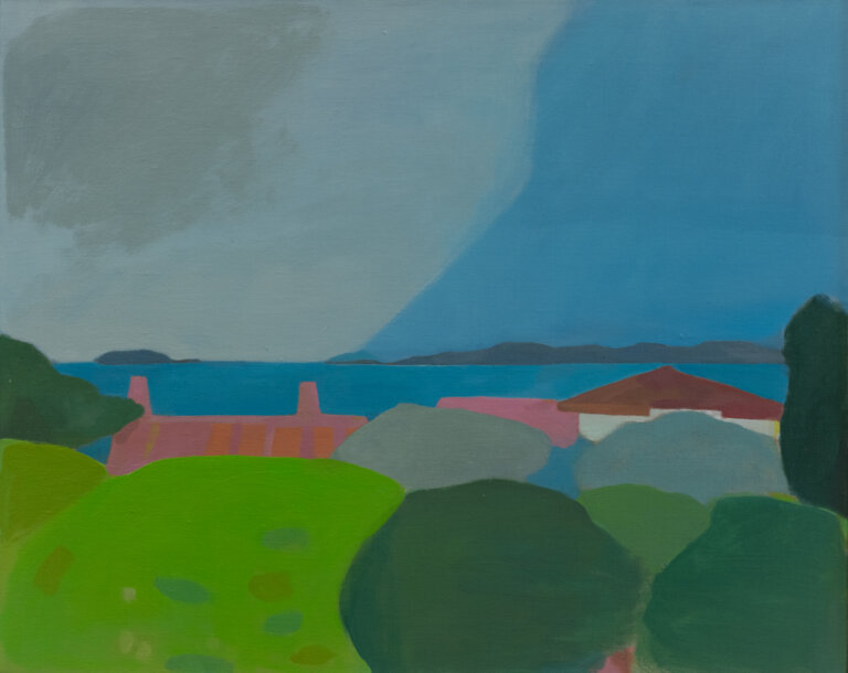 an abstracted landscape with foliage in the foreground. behind the foliage are a few rust and pink rooftops. behind the rooftops is a vague bright blue body of water with a thin gray landmass at the horizon under a blue and gray sky. every piece of this landscape is abstracted to shapes, so it has a figurative, loose feel