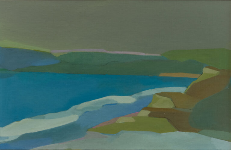 an abstracted landscape depicting a shoreline. there is a blue body of water with white crests with a rocky shoreline in shades of olive green and taupe. in the distance there is a green hillside under a gray green sky. every piece of this landscape is abstracted to shapes, so it has a figurative, loose feel.