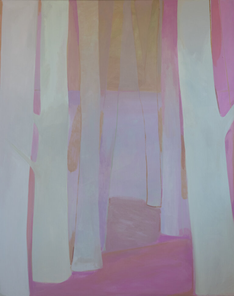an abstracted landscape that is a view into a forest of trees with off-white trunks and pink accents. the ground is pink and there is a tawny haze above the trees. every piece of this landscape is abstracted to shapes, so it has a figurative, loose feel.