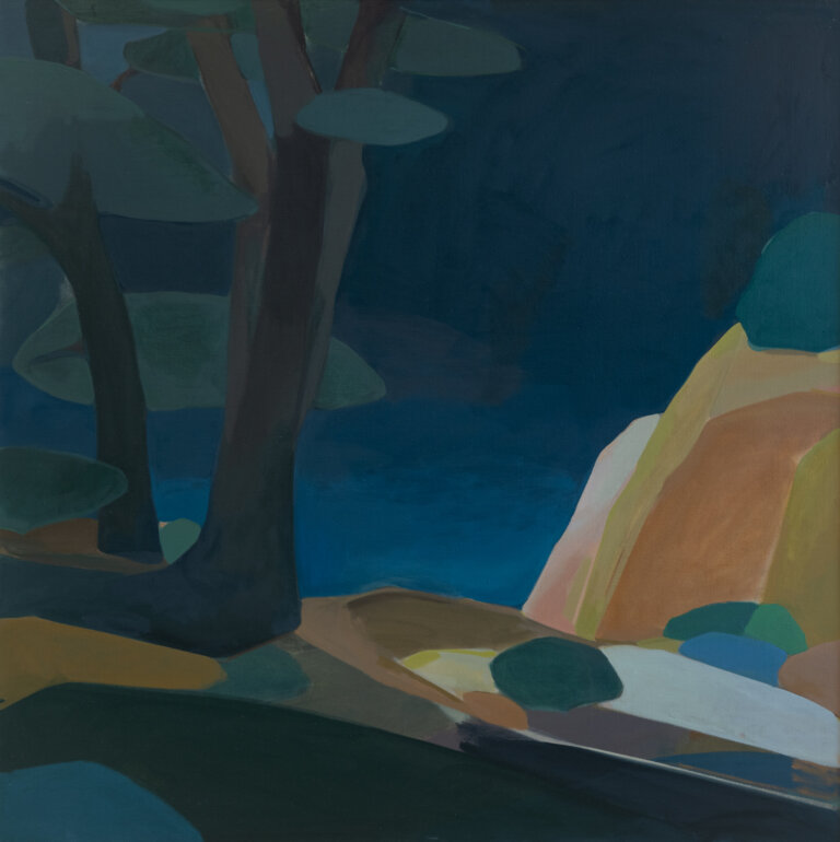 an abstracted landscape at night with a winding road flanked by tall dark trees on the left and a steep rock on the right. the colors of this piece are dark navy, deep green, pale gray, taupe, and tawny. every piece of this landscape is abstracted to shapes, so it has a figurative, loose feel.