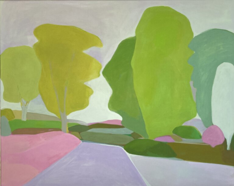 an abstracted landscape depicting a daylight scene of a path leading between trees. the path is light gray and the trees are different shades of lime green, sage green, with pink accents. the sky is pale gray. every piece of this landscape is abstracted to shapes, so it has a figurative, loose feel.
