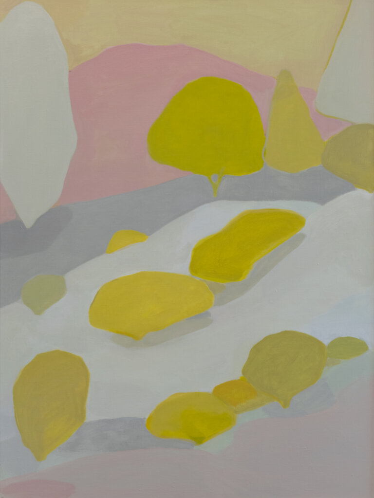 an abstracted hillside in shades of dove gray and slate. there is a pink mountain under a pale yellow sky in the distance. there are scattered lime green shrubs and trees on the hillside. every piece of this landscape is abstracted to shapes, so it has a figurative, loose feel.