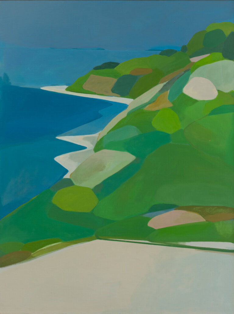 an abstracted landscape that shows a lush green hillside that leads down to a smooth white beach and a bright blue body of water. the sky above is blue as well. there are various scattered round shapes on the hillside which denote shrubbery or trees. every piece of this landscape is abstracted to shapes, so it has a figurative, loose feel.