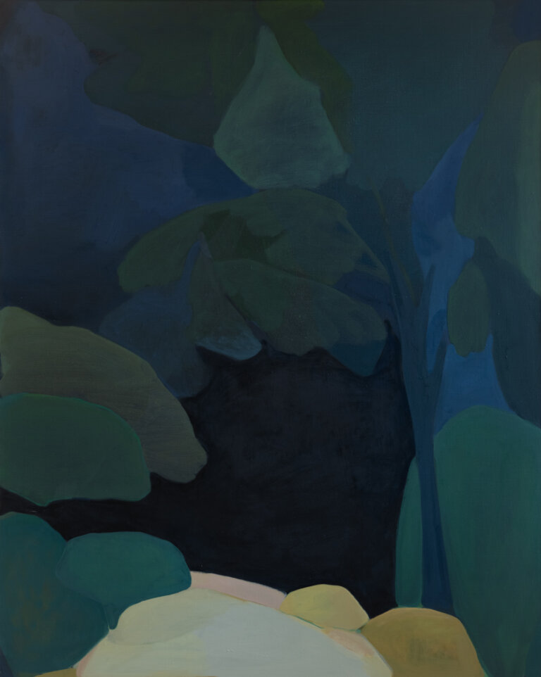 an abstracted landscape at night with a dark black sky. there are vague trees and shrubbery everywhere in hues of deep green, navy, and deep golden taupe. every piece of this landscape is abstracted to shapes, so it has a figurative, loose feel.