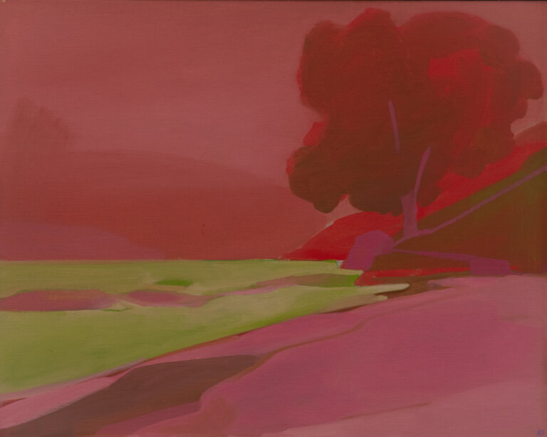 an abstracted landscape showing a body of water in shades of pale green. there is a pink shoreline with large boulders and a dark pink tree. the sky and hills in the distance are a blush and coral mixture. every piece of this landscape is abstracted to shapes, so it has a figurative, loose feel.