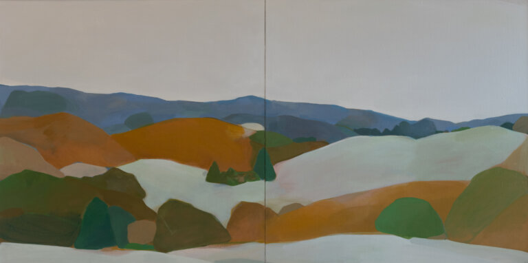 an abstracted landscape showing tawny and white rolling hills that lead to soft gray-blue mountains under a gray sky. there are scattered green shrubs and trees on the hills. every piece of this landscape is abstracted to shapes, so it has a figurative, loose feel.