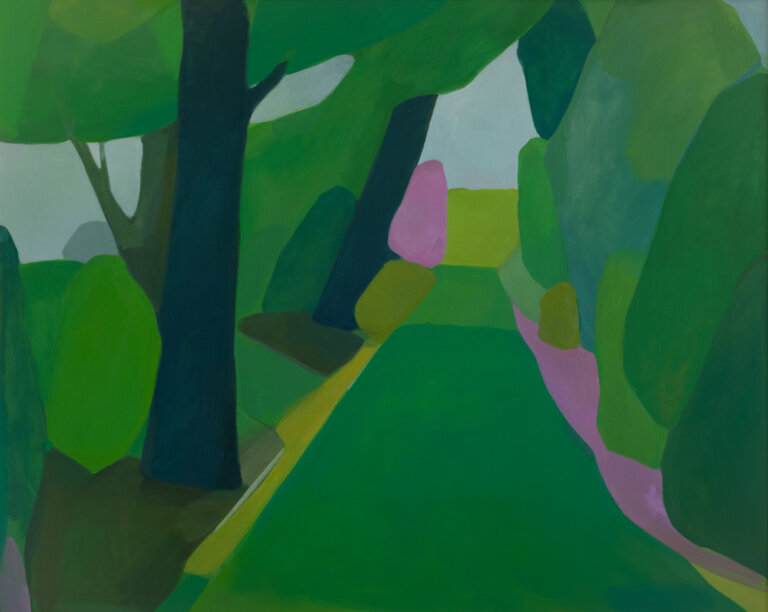an abstracted landscape depicting a green path lined with large shrubs and trees. the path leads directly away from the viewer. there are accents of pink as well