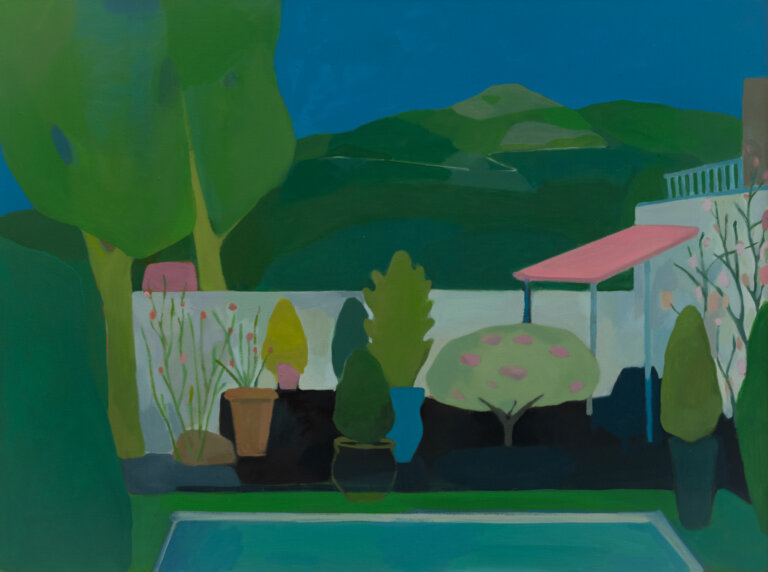 an abstracted landscape of a backyard featuring a pool, a small overhang, and potted plants lined up along a fence. in the distance are green hills beneath a blue sky. there is a thin path winding up the hills. every piece of this landscape is abstracted to shapes, so it has a figurative, loose feel.