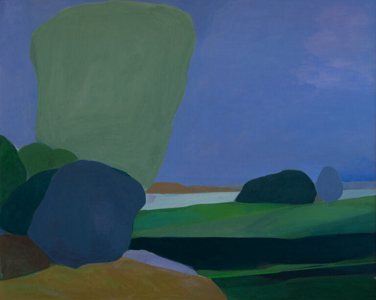 an abstracted landscape that has a purple tint. there are a few green meadows with scattered trees and bushes painted in deep purples, dark greens, soft sage, and pale lavender. the sky above is a bright periwinkle. every piece of this landscape is abstracted to shapes, so it has a figurative, loose feel