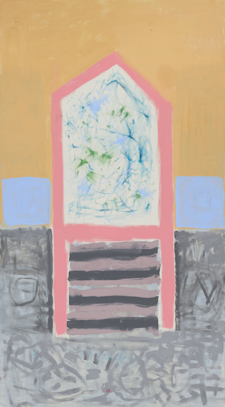 an abstract art piece showing a house painted in salmon pink standing on a gray swirly ground against a yellow sky. there is a thick pale blue horizontal stripe behind the house. the house has steps leading up to it in a muted pink and charcoal gray. inside the salmon pink outline the house is off white with turquoise and lime green swirls inside