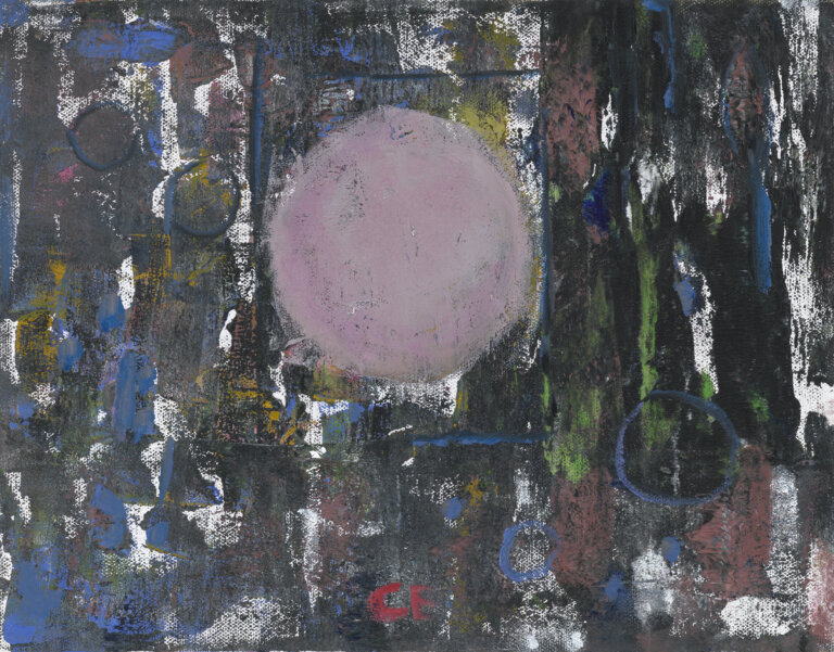 an abstract art piece of a pale pink circle in the middle of the painting against a background of black, deep blue, olive, and rust red. the artist has signed the piece with her initials "CE" in the bottom center in red paint
