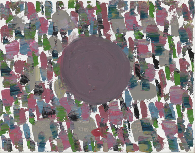 an abstract piece of art that has a mauve circle against a background of multicolored paint daubs. the colors of the background are mauve, taupe, indigo, black, teal, lime green, and watermelon pink