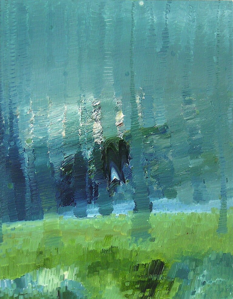 an abstract landscape painting of a grassy field and deep blue trees in the background with a small stream. there are vertical lines on the piece that slightly blur the painting, creating the effect of falling rain