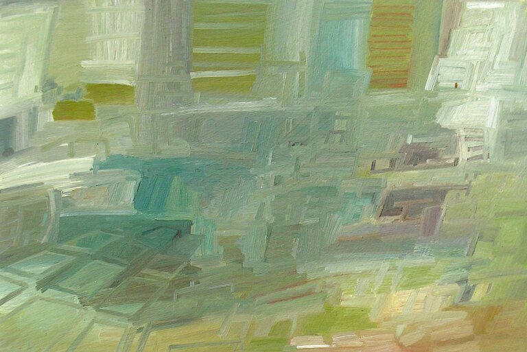 an abstract painting in shades of pale green, muted aqua, soft mushroom brown, burnt orange, mauve, and white. the brushstrokes are horizontal and vertical.
