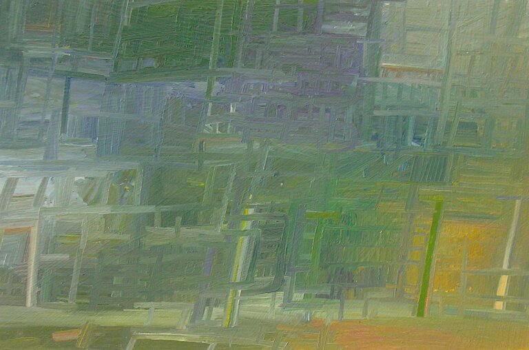 an abstract painting in shades of pale green, muted aqua, soft mushroom brown, lilac, orange, mauve, sage, kelly green, and white. the brushstrokes are horizontal and vertical.