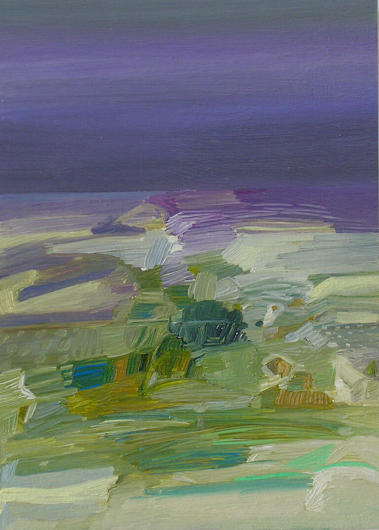 an abstract art piece with a purple sky and a mixed green land below it. the top half is purple and the bottom half is green