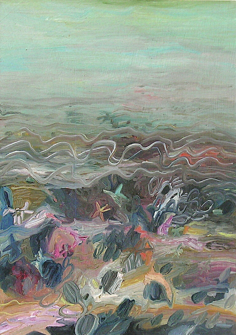 an abstract art piece with the top half painted in a blend of mint, aqua, and gray and the bottom half in swirls of black, brown, pink, orange, yellow, mint, and indigo with small starfish shapes