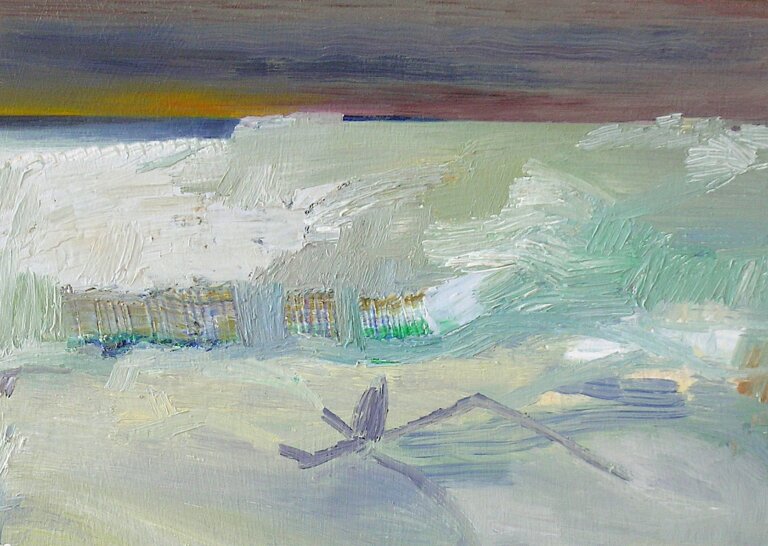 an abstract landscape of a sunset over the ocean. the ocean is painted in mint and white with smooth brushstrokes that look like calm water and rough strokes that denote rough water and whitecaps. the sky in the background is streaked deep blue and purple with gold and yellow near the horizon that shows a sun that has just set.