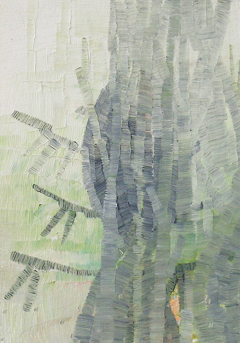 an abstract art piece that resembles a tree trunk with a few branches poking off of it to the left. the trunk and branches are painted in a gray and green color, and the rest of the piece is painted in pale green and white.