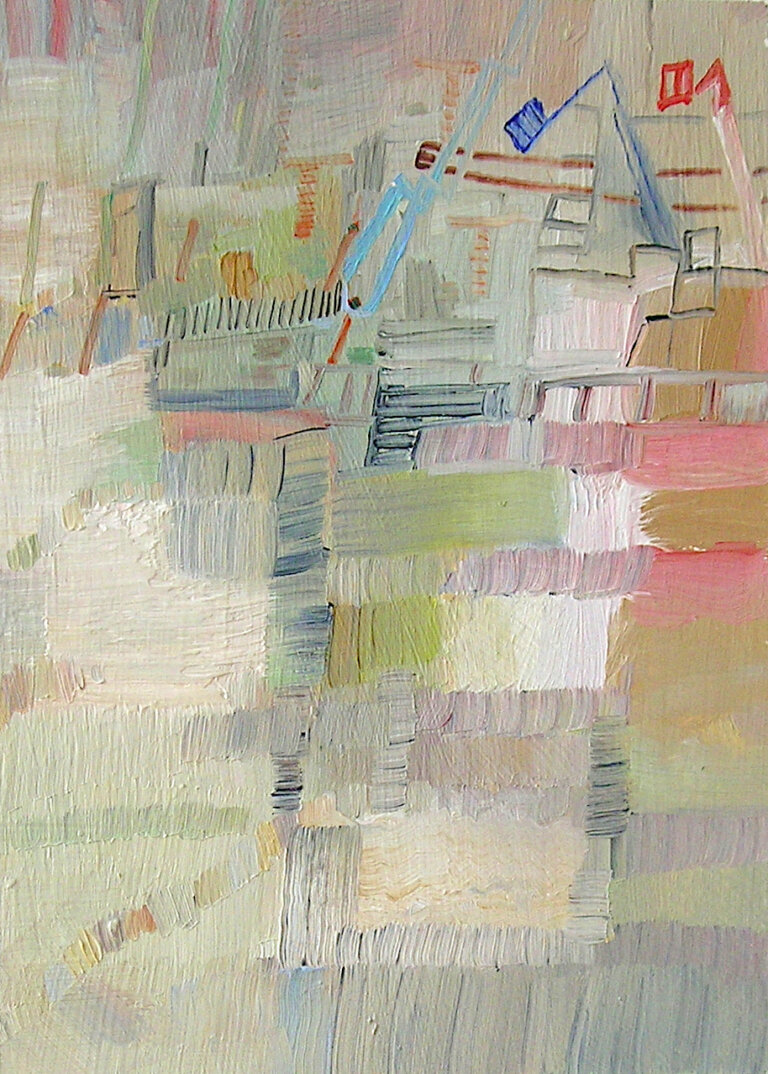 an abstract art piece in mainly neutral tones of pale green, light gray, and tan with accents of red, blue, rose, rust, and lime. there are two rough outlines of construction diggers in red and blue as well as an outline of a crane in light blue