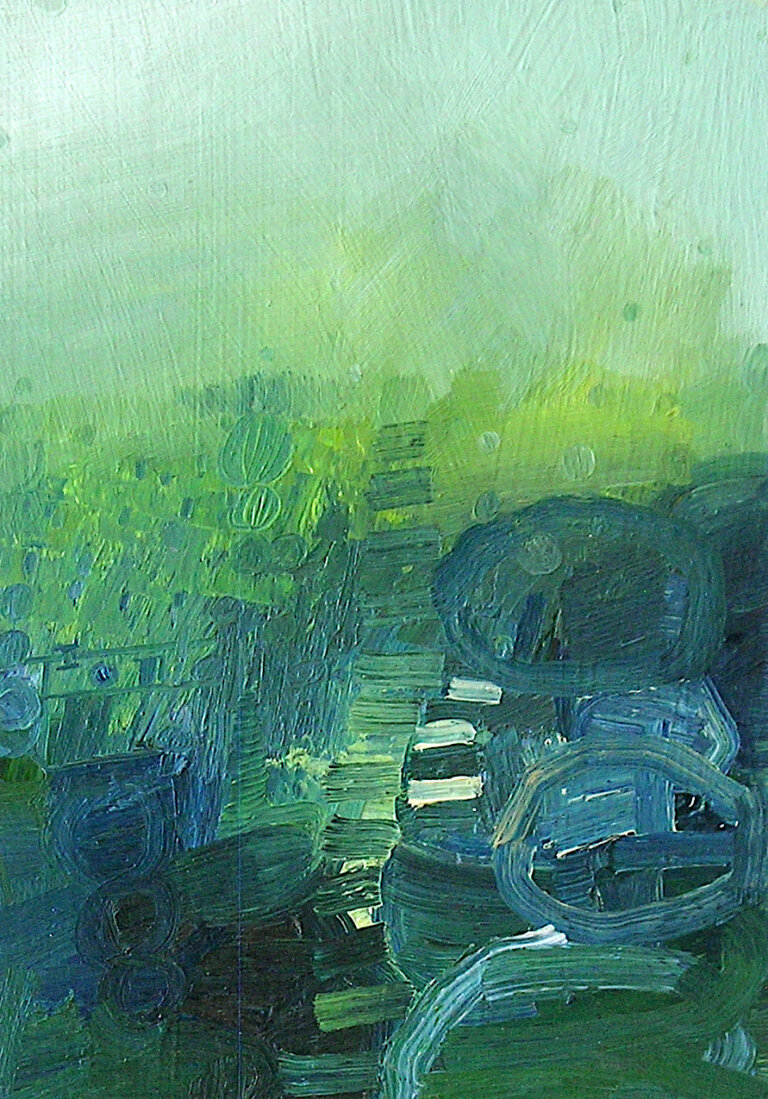 an abstract painting in shades of deep blue, indigo, teal, lime, and mint. the top half is a gradient that gets lighter towards the top. the bottom half is a mix of deep tones. there are a few oval shapes and small circles on the right side of the art piece