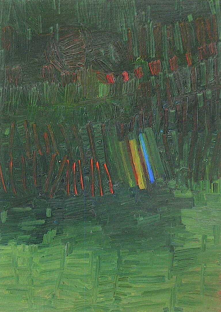 an abstract painting in shades of pale green, muted aqua, chocolate, soft mushroom brown, pine green, and orange. the brushstrokes are horizontal and vertical.