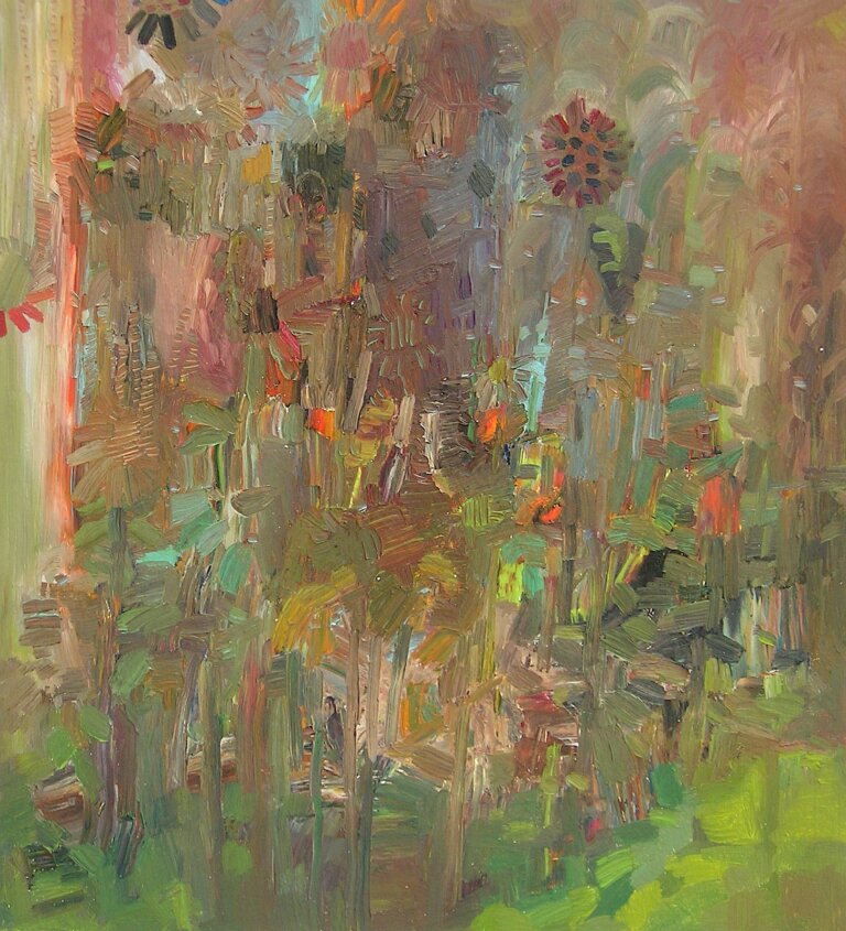 an abstract art piece with shades of brown, red, and green. there are a few floral shapes near the top.