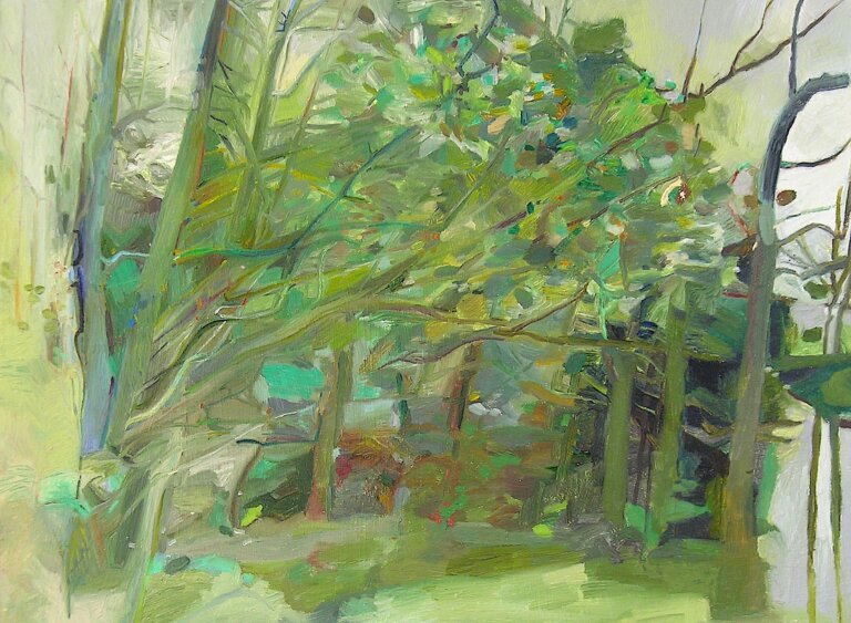 an abstract landscape of a forest in shades of green with accents of black, yellow, teal, and red.