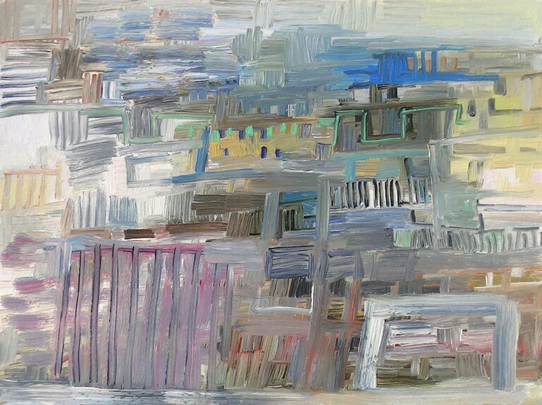 an abstract art piece that has browns, grays, electric blue, mint, yellow, terra cotta, and mauve. it is painted with vertical and horizontal lines that are gridlike.