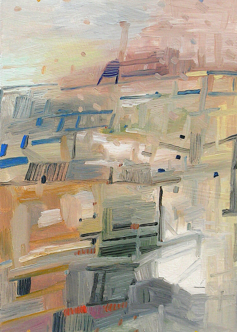 an abstract art piece with a hazy background of rust, tangerine, copper, pale yellow and pale blue. there are small vertical and horizontal line segments in bright blue, sage green, pale yellow, and gray. there are small blue indigo dots and soft peach dots as well scattered on the piece.