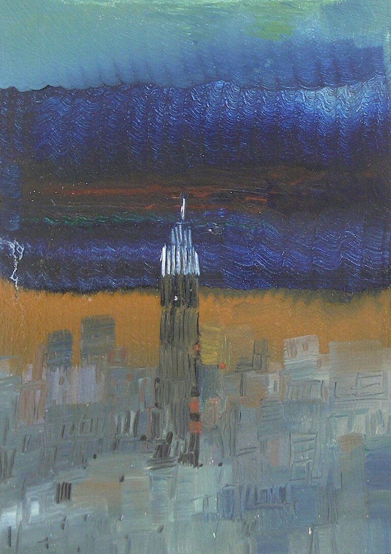 an abstract cityscape of new york city with the empire state building placed prominently in the center of the painting. the rest of the buildings are painted in light gray and made hazy. the sky above the buildings is a golden tawny color, and the clouds above the sky are seep purple. there is a small bolt of lightning to the left of the building painted in white.