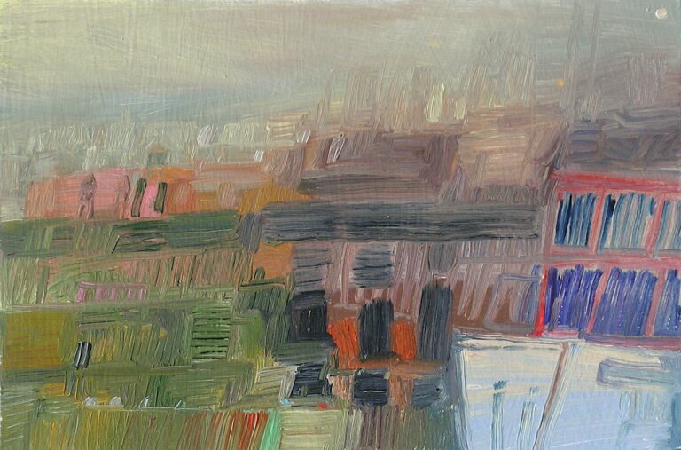 an abstract painting in shades of pale green, muted aqua, soft mushroom brown, rose, cobalt burnt orange, mauve, and white. the brushstrokes are horizontal and vertical. there is a small white circle in the top right corner