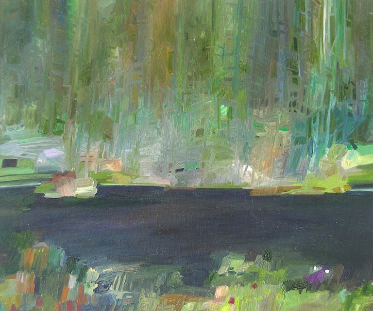 an abstract landscape of a dark body of water. there are water plants floating in the foreground of the painting on top of the water, and in the distance the shore of the water is visible, with lots of foliage and weeping willow trees