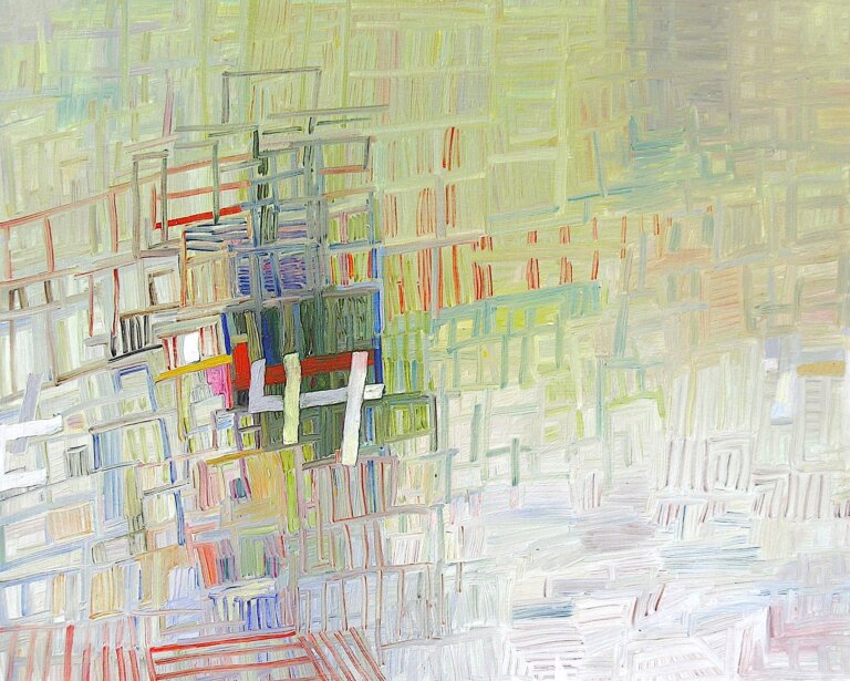 an abstract art piece in shades of mainly yellow and white with accents of red, blue, green, and orange with an offset grid of horizontal and vertical lines