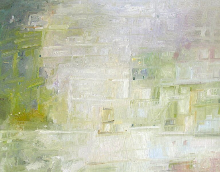 an abstract art piece in shades of mainly yellow and white with accents of lime, pale blue, green, and gold with an offset grid of horizontal and vertical lines