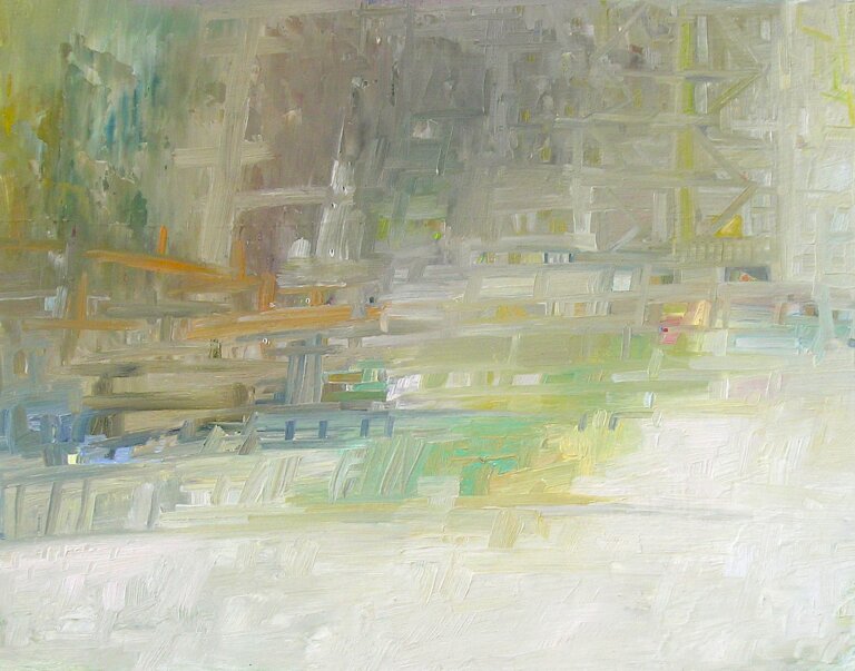 an abstract art piece where the top two thirds of the piece is painted with a mix of gren, sage, light brown, pale orange, yellow, and light blue, and the bottom third is painted in white and cream