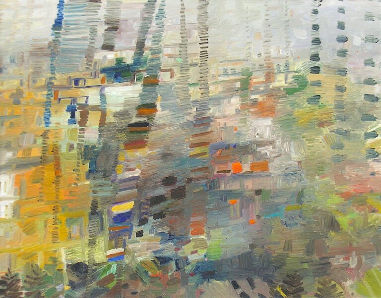 an abstract art piece that is made of small multicolored color blocks. the main colors of the piece are yellow, slate, white, dark grey, and deep teal, with accents of violet, lemon yellow, orange, chocolate, and lime green