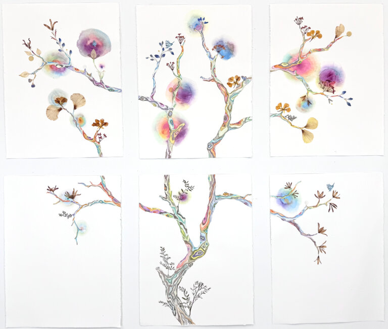 a colorful tree split into six panels. there are two rows of three equally sized vertical rectangular pieces of white paper. the tree spans all six pages, and it is colorful and rainbow. there are swirling patterns on the branches and trunk of the tree with multiple colors. there are aura-like spots that are in different areas of the branches. the artist has used pressed flowers and foliage to create a twist on a classical botanical watercolor. there are small butterflies on the branches as well