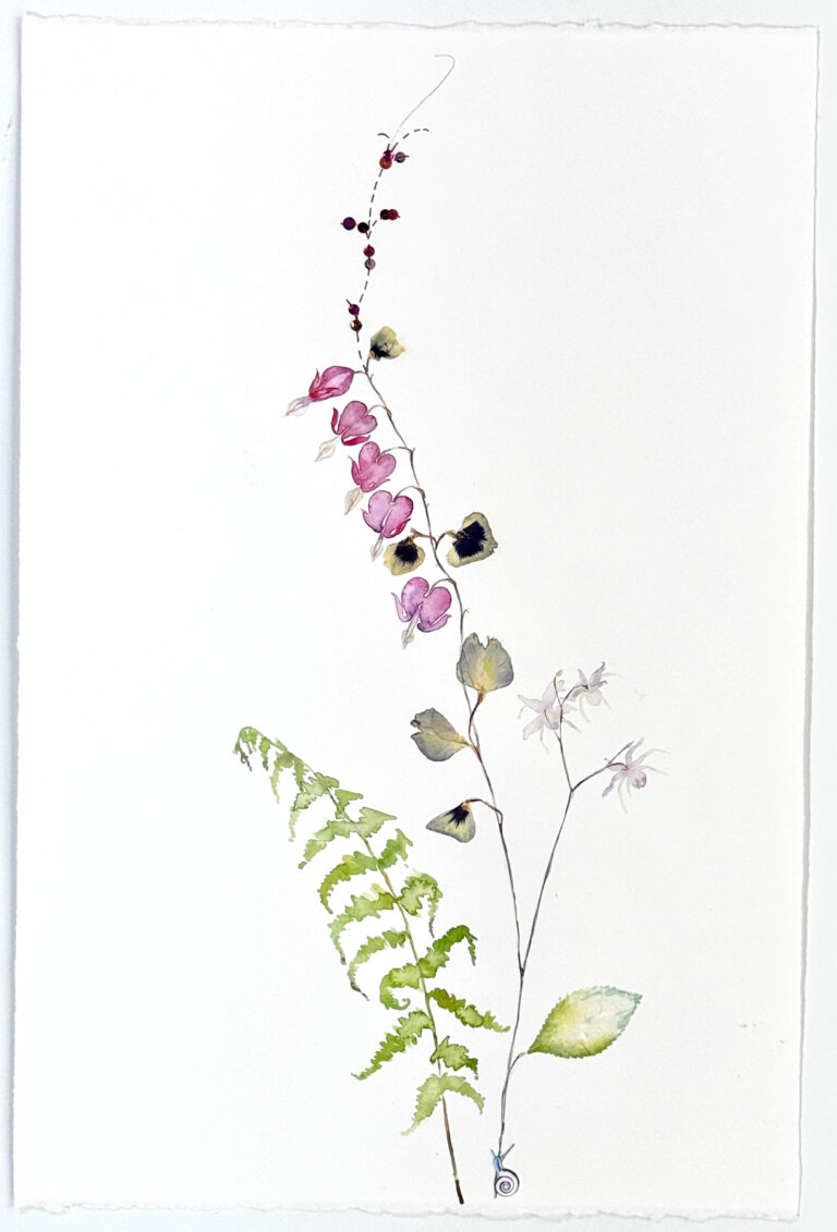 a mixed media piece made of watercolor, pressed flowers, thread, sequins, and other unique materials that creates a twist on a classic botanical watercolor. there is a thin fern leaf to the bottom left of the main stem. the main stem has small pinky purple blossoms.