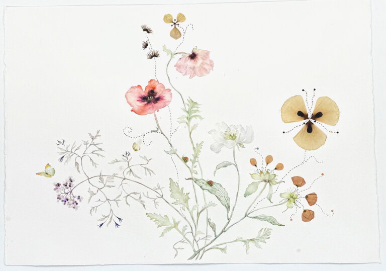 a mixed media piece made of watercolor, pressed flowers, thread, sequins, and other unique materials that creates a twist on a classic botanical watercolor. the artist has incorporated poppy blossoms, both painted and collaged, throughout the piece. she has painted a red poppy, a pink poppy, and a white one, and collaged poppy petals from her flower models. there are small butterflies and snails throughout that are resting on leaves.