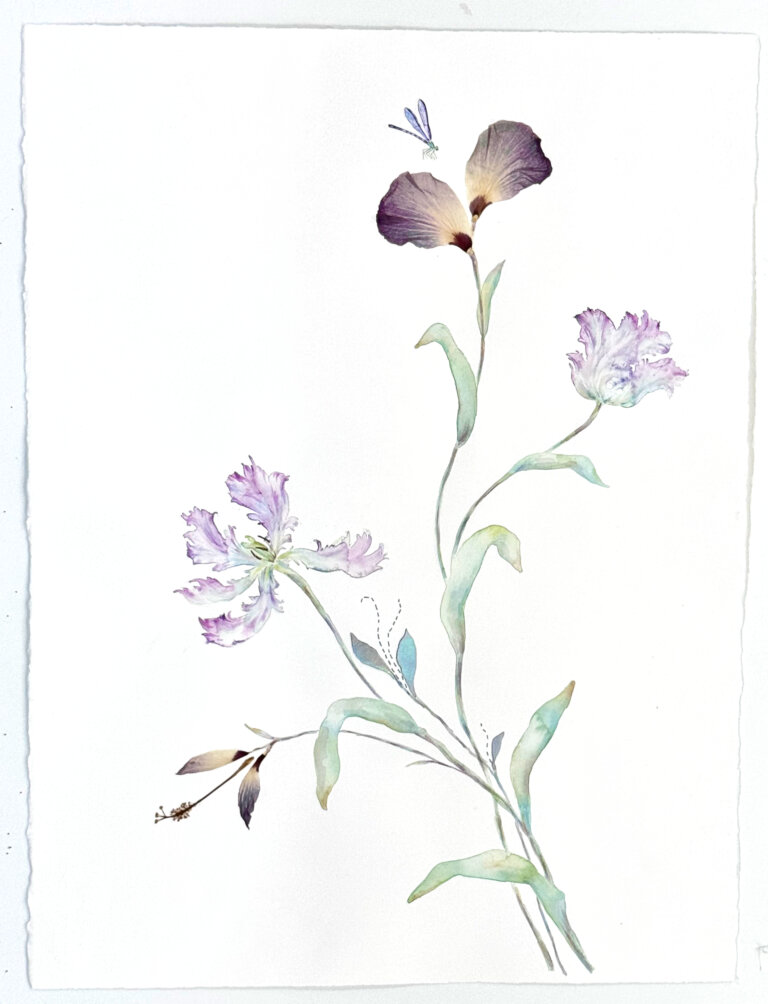 a mixed media piece made of watercolor, pressed flowers, thread, sequins, and other unique materials that creates a twist on a classic botanical watercolor. there are a few fluffy purple and white blossoms on a thin green stem with multicolored green leaves. there is a pressed flower blossom at the top with a small light blue dragonfly hovering near it.