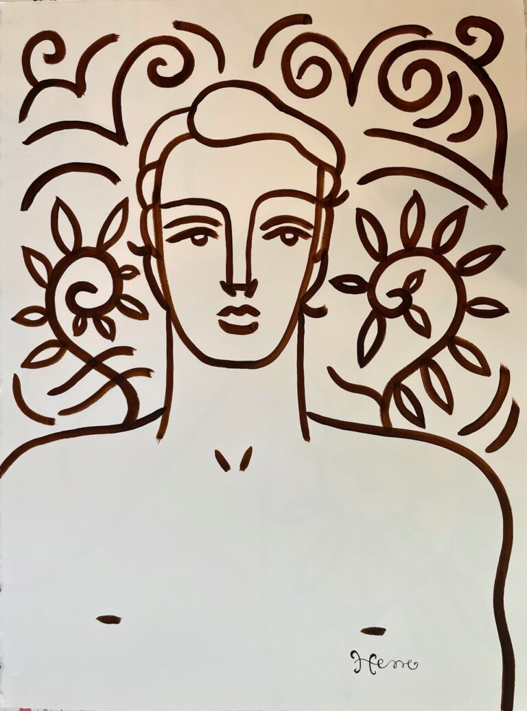 a portrait of a bare-chested man with a blank expression done in chocolate-colored ink on paper. he is surrounded by swirls and botanical patterns.