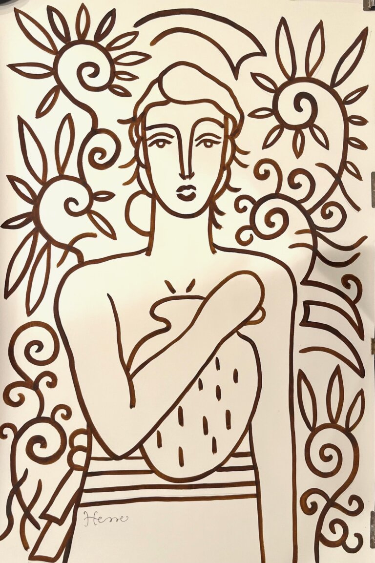 a portrait of a bare-chested man with a blank expression done in chocolate-colored ink on paper. he holds a jar close to his chest. he is surrounded by swirls and botanical patterns.