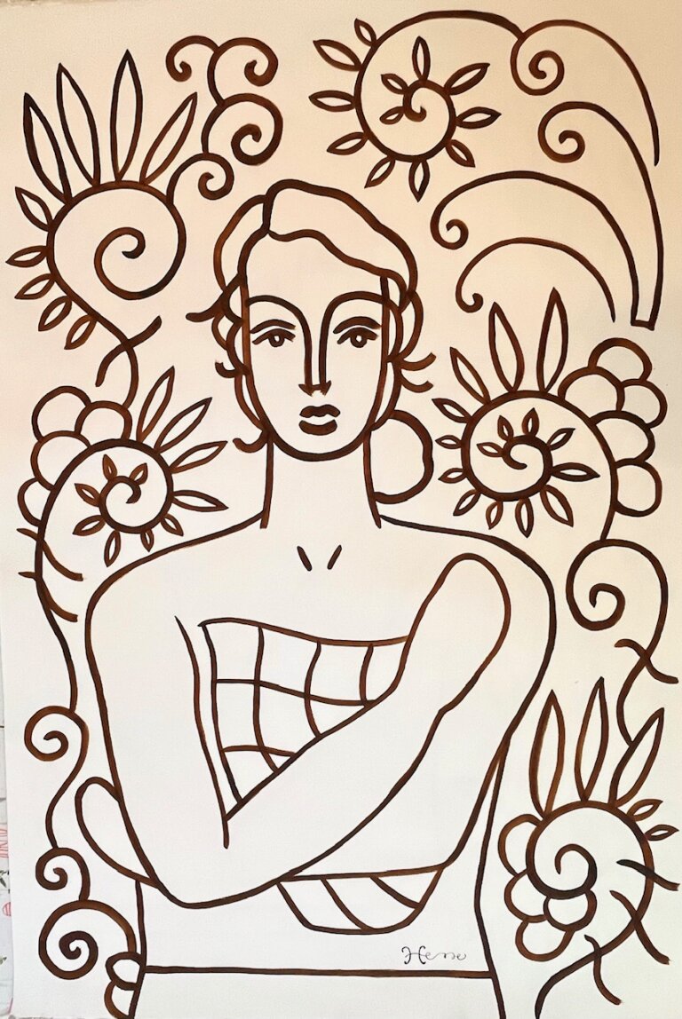 a portrait of a bare-chested man with a blank expression done in chocolate-colored ink on paper. he holds a jar close to his chest. he is surrounded by swirls and botanical patterns.