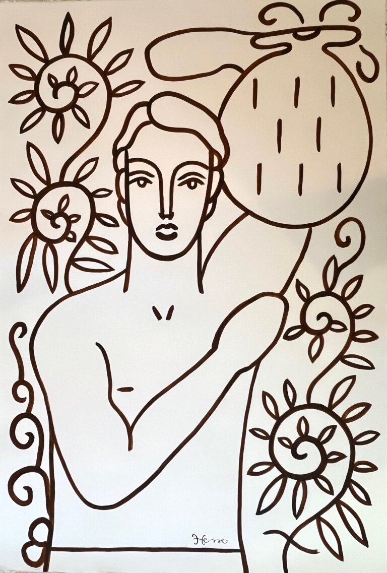 a portrait of a bare-chested man with a blank expression done in chocolate-colored ink on paper. he holds a jar above his shoulder. he is surrounded by swirls and botanical patterns.