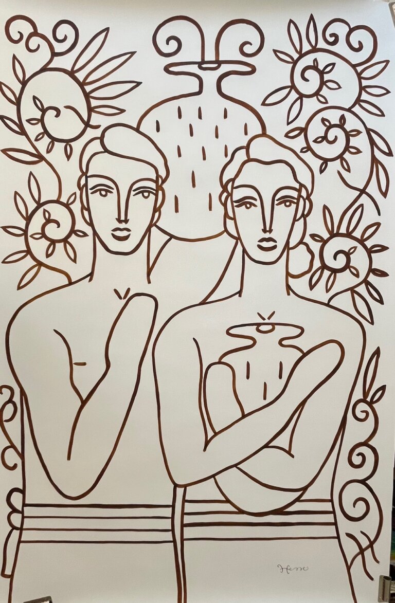 a portrait of a man and a woman with blank expressions done in chocolate-colored ink on paper. they stand next to each other; the man is holding a large round jug above his head and the woman hold a round jar close to her chest. they are surrounded by swirls and botanical patterns.