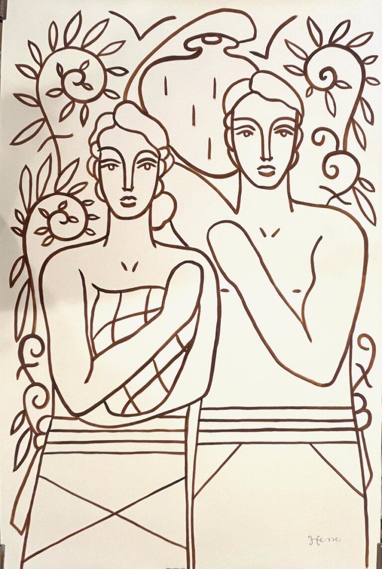 a portrait of a man and a woman with blank expressions done in chocolate-colored ink on paper. they stand next to each other; the man is holding a large round jug above his head and the woman hold a round jar close to her chest. they are surrounded by swirls and botanical patterns.