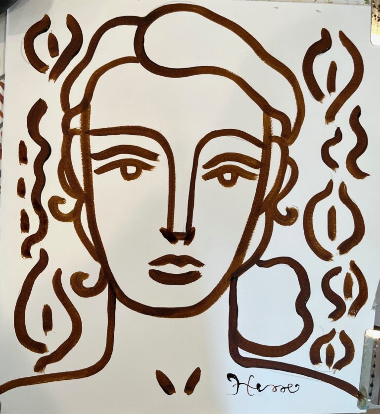 a portrait of a woman with a blank expression done in chocolate-colored ink on paper. she is surrounded by swirls and botanical patterns.
