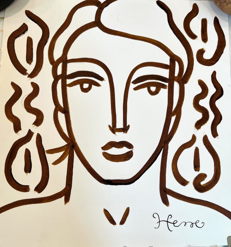 a portrait of a man with a blank expression done in chocolate-colored ink on paper. he is surrounded by swirls and botanical patterns.